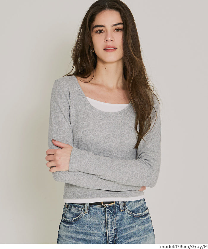 磨毛假兩件設計層次螺紋上衣