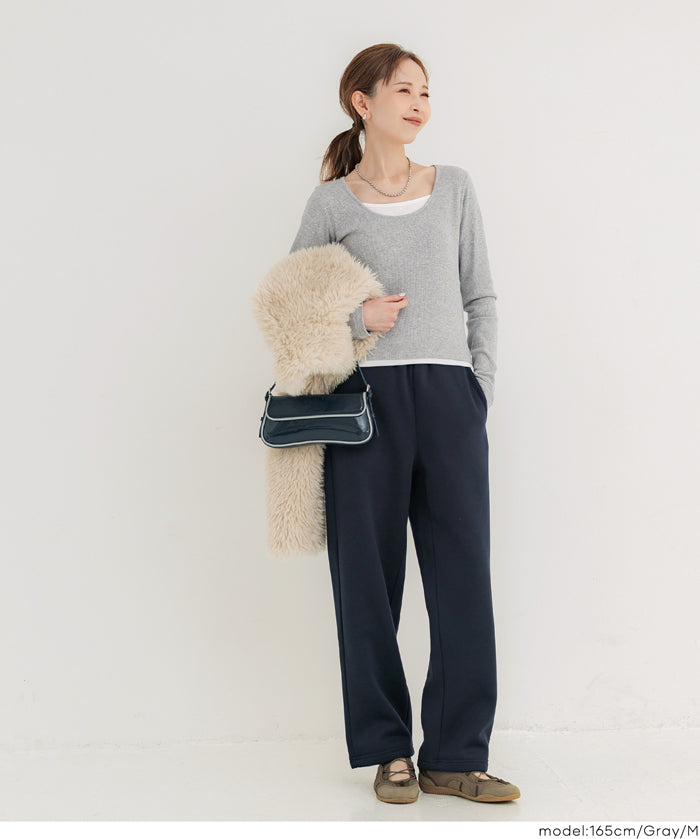 磨毛假兩件設計層次螺紋上衣