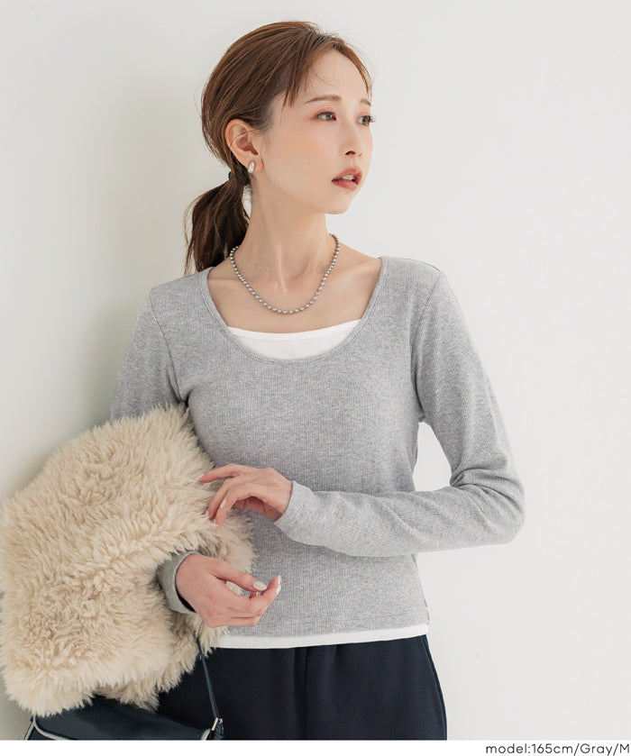 磨毛假兩件設計層次螺紋上衣