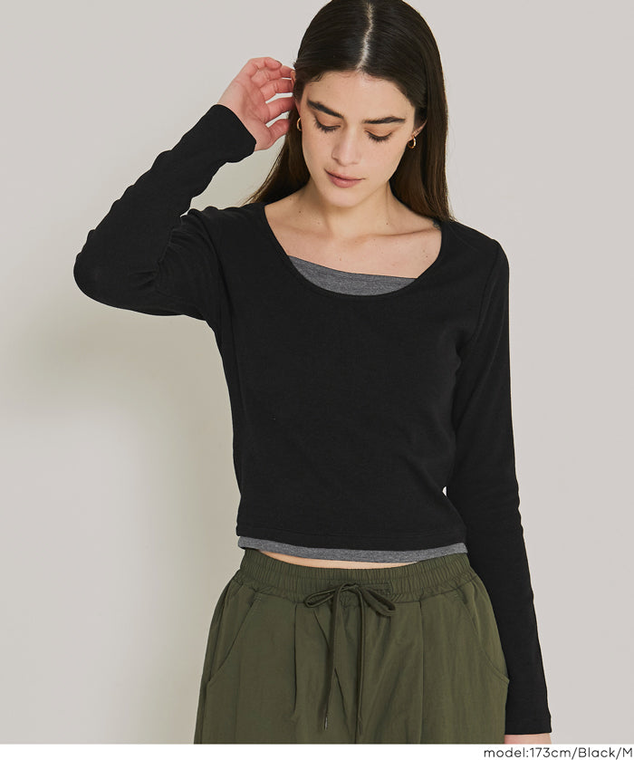 磨毛假兩件設計層次螺紋上衣