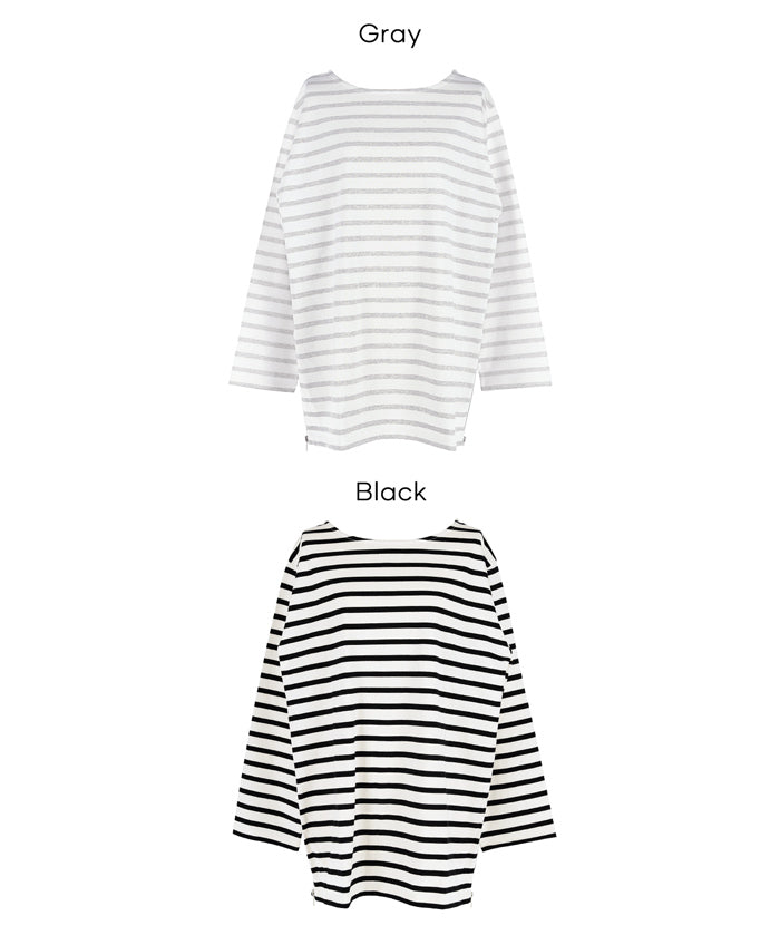 側邊拉鍊中長條紋長袖上衣