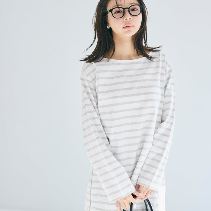 側邊拉鍊中長條紋長袖上衣