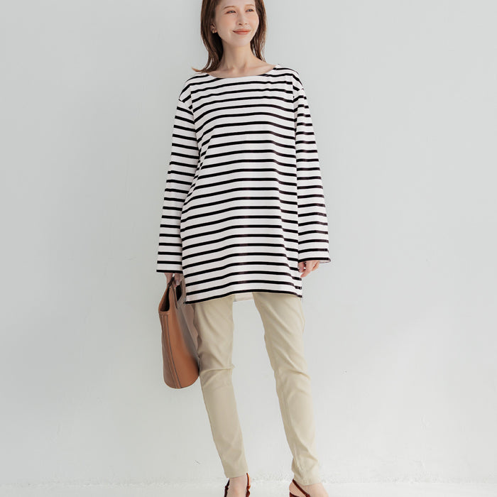 側邊拉鍊中長條紋長袖上衣