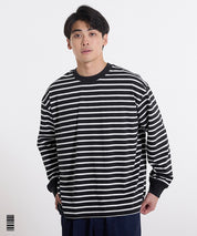 男裝寬鬆條紋圓領上衣