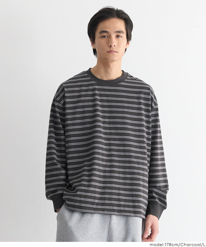 男裝寬鬆條紋圓領上衣