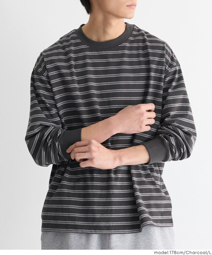 男裝寬鬆條紋圓領上衣