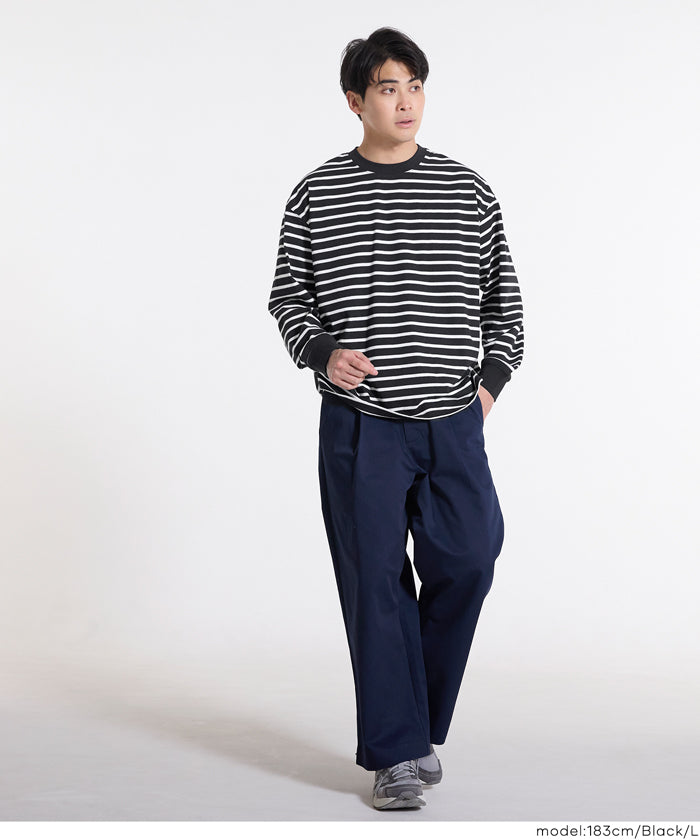 男裝寬鬆條紋圓領上衣