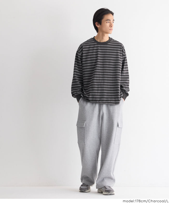 男裝寬鬆條紋圓領上衣