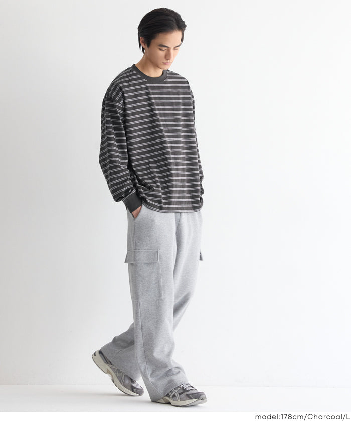 男裝寬鬆條紋圓領上衣