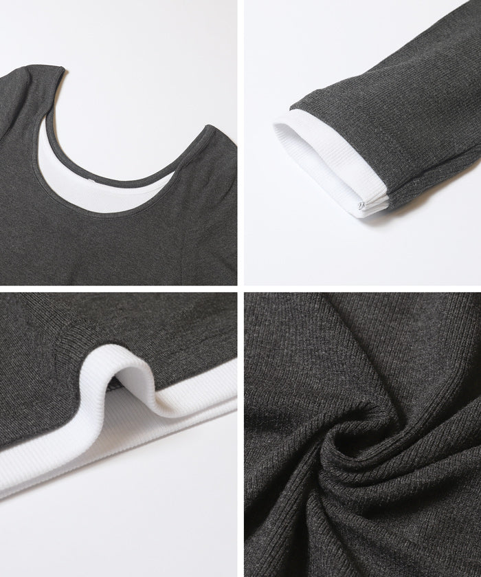 假兩件設計合身長袖連身裙