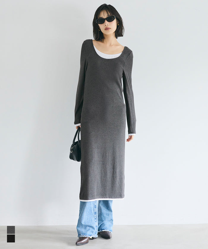 假兩件設計合身長袖連身裙