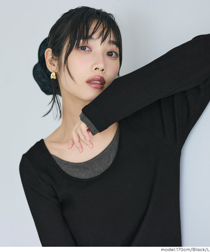 假兩件設計合身長袖連身裙