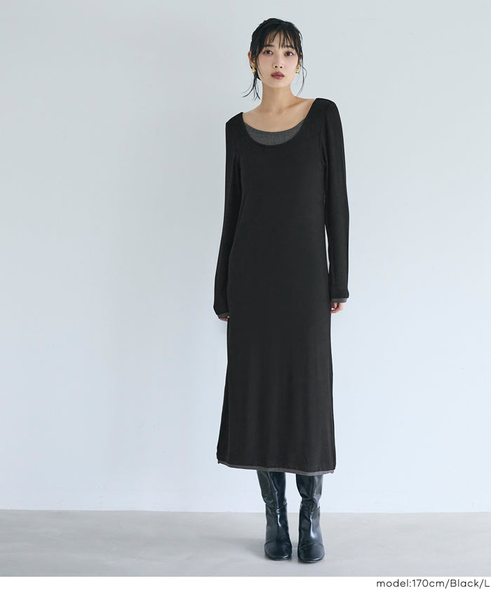 假兩件設計合身長袖連身裙