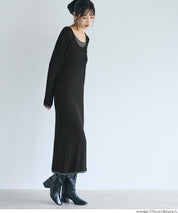 假兩件設計合身長袖連身裙