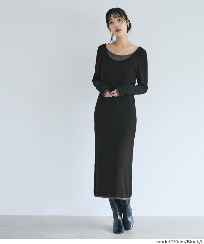 假兩件設計合身長袖連身裙