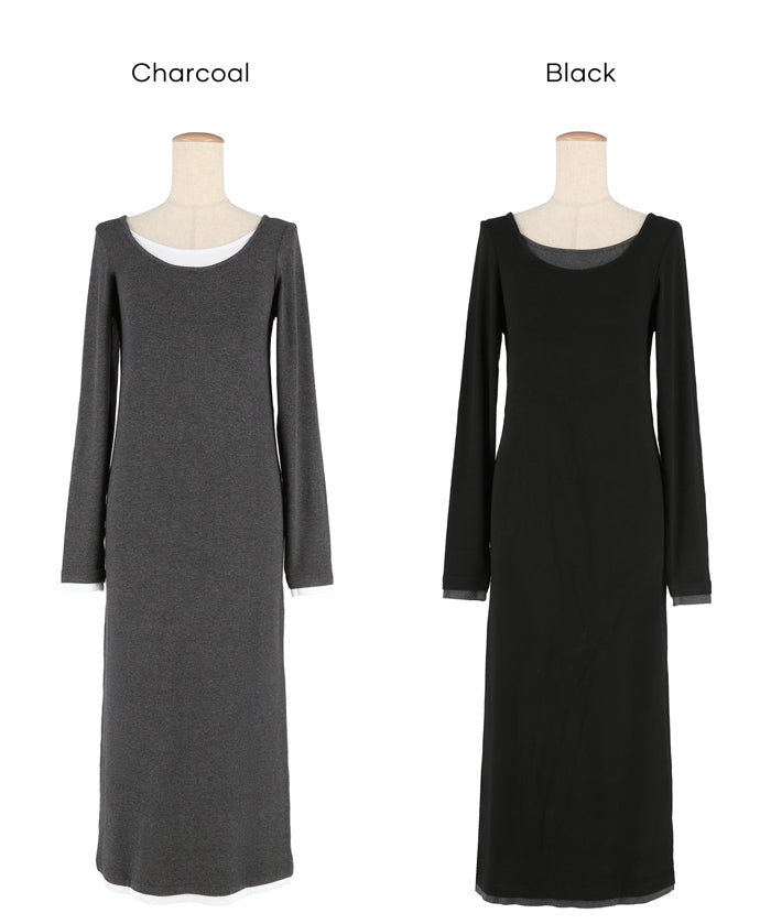 假兩件設計合身長袖連身裙