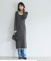 假兩件設計合身長袖連身裙