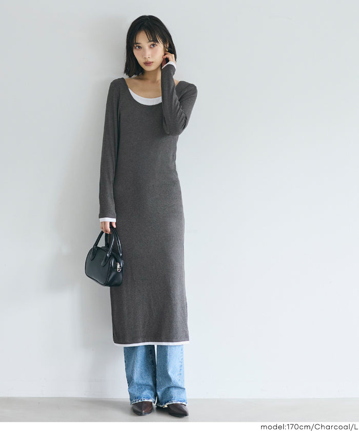 假兩件設計合身長袖連身裙