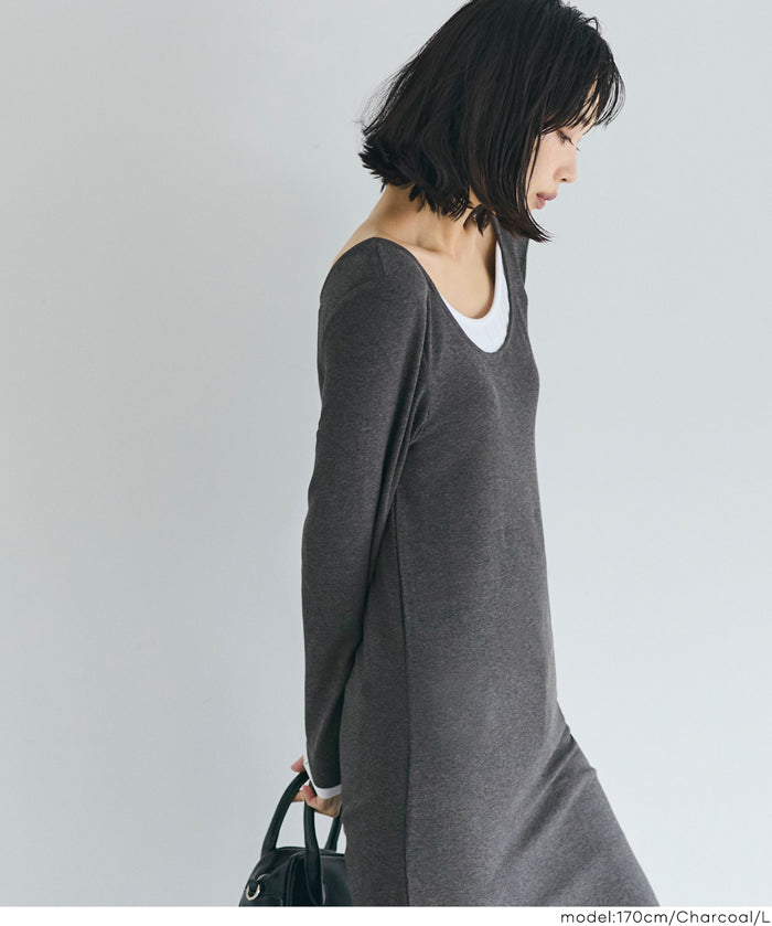 假兩件設計合身長袖連身裙