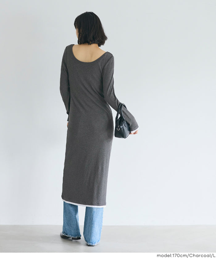 假兩件設計合身長袖連身裙