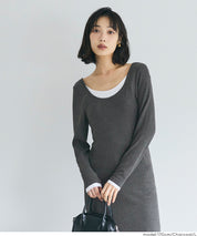 假兩件設計合身長袖連身裙