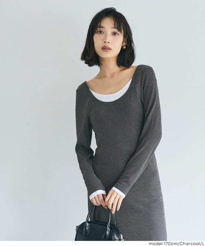 假兩件設計合身長袖連身裙