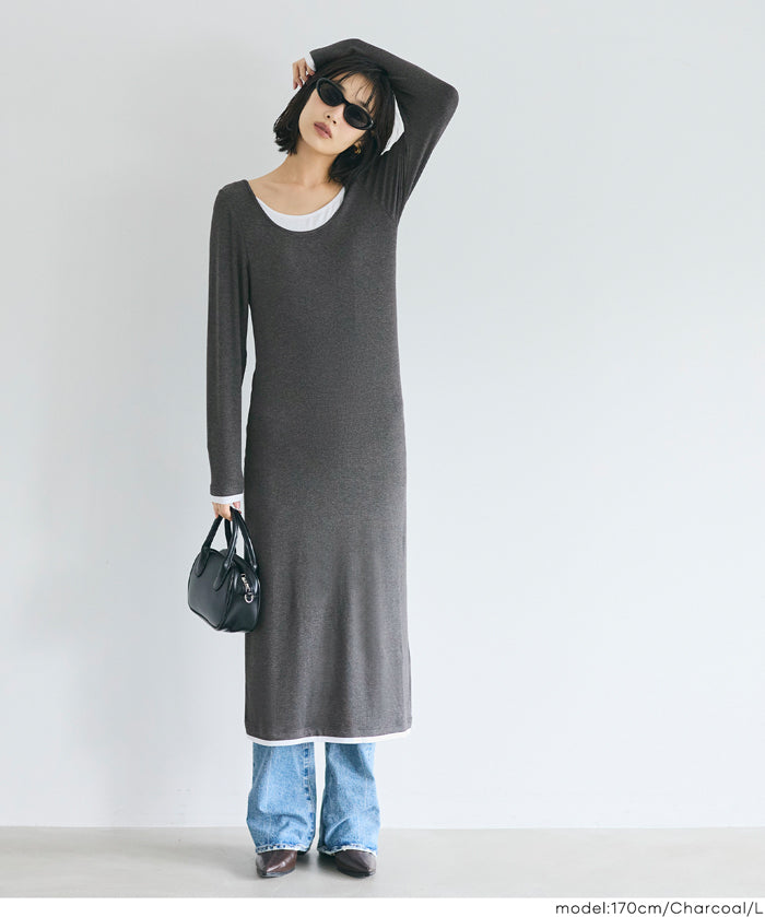 假兩件設計合身長袖連身裙