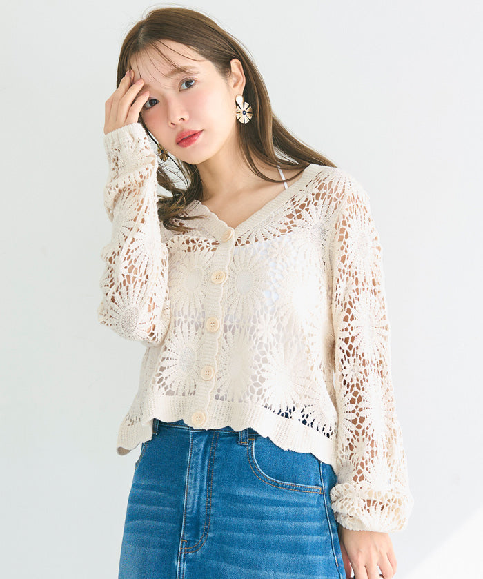 勾針蕾絲花紋v領開衫