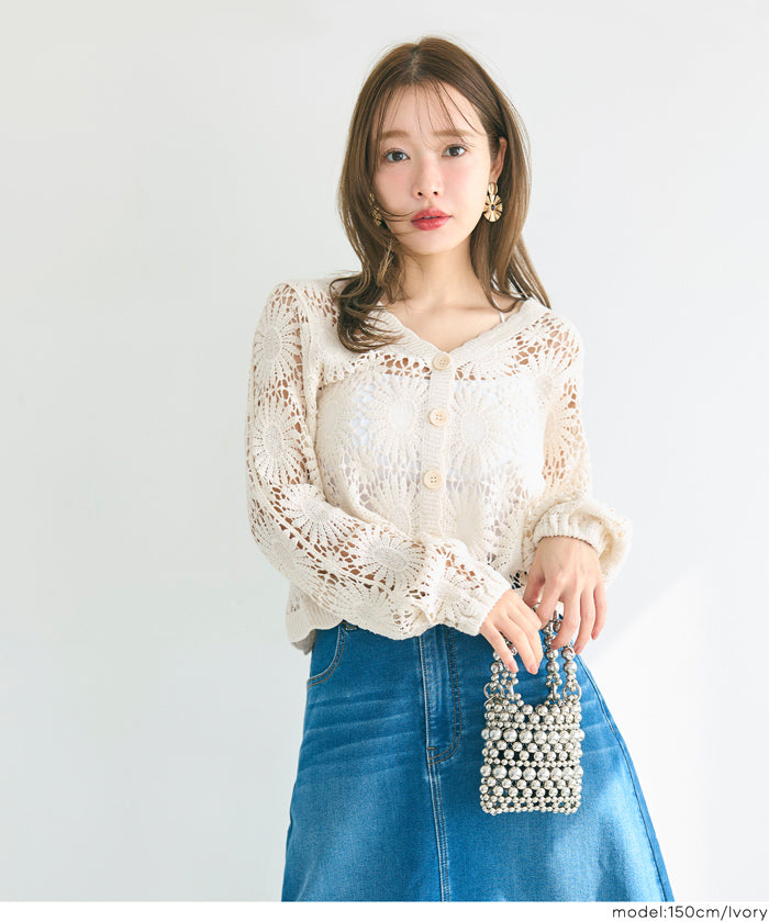 勾針蕾絲花紋v領開衫