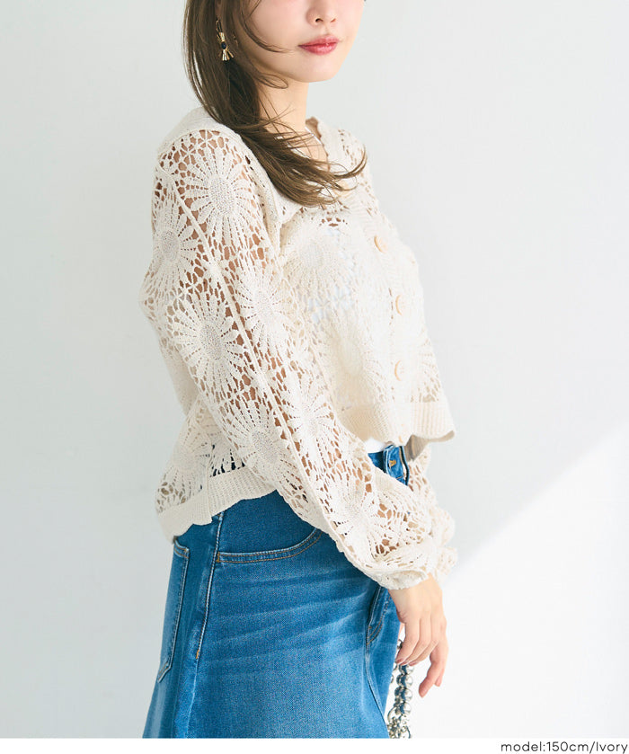 勾針蕾絲花紋v領開衫