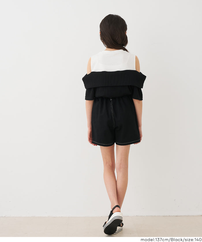 Girls' Faux Two-Piece Ribbed Patchwork Cold Shoulder Short Sleeve Top