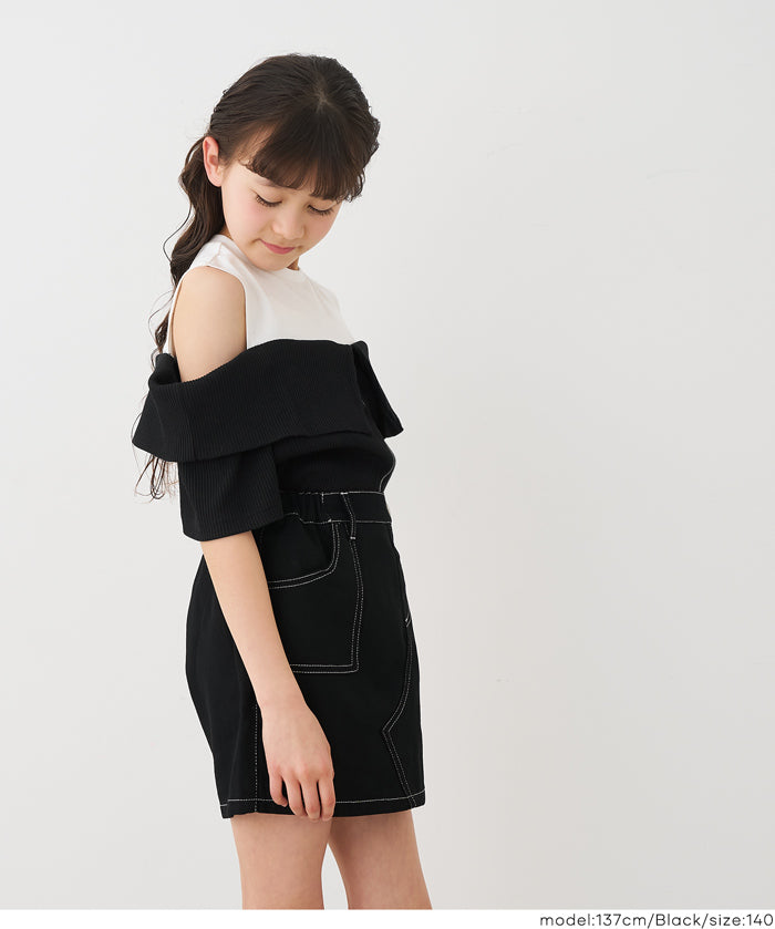 Girls' Faux Two-Piece Ribbed Patchwork Cold Shoulder Short Sleeve Top