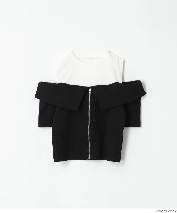 Girls' Faux Two-Piece Ribbed Patchwork Cold Shoulder Short Sleeve Top