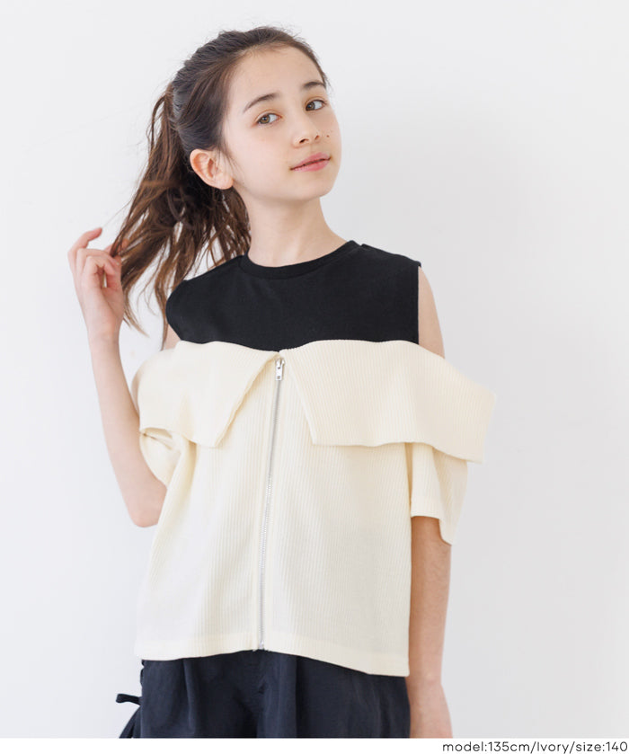 Girls' Faux Two-Piece Ribbed Patchwork Cold Shoulder Short Sleeve Top