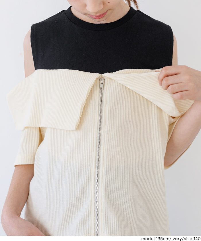 Girls' Faux Two-Piece Ribbed Patchwork Cold Shoulder Short Sleeve Top