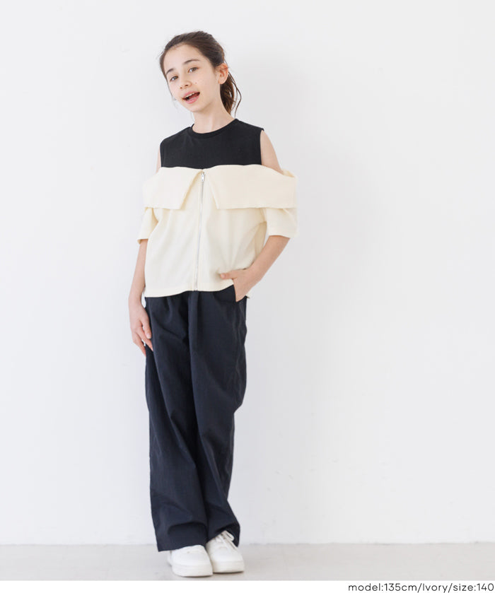 Girls' Faux Two-Piece Ribbed Patchwork Cold Shoulder Short Sleeve Top