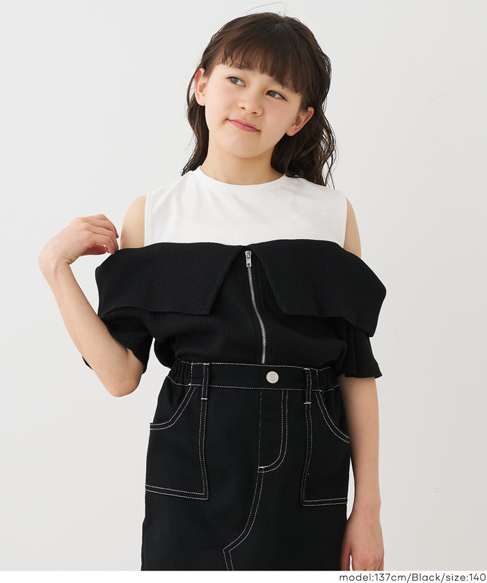Girls' Faux Two-Piece Ribbed Patchwork Cold Shoulder Short Sleeve Top