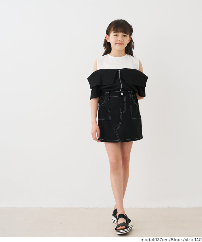 Girls' Faux Two-Piece Ribbed Patchwork Cold Shoulder Short Sleeve Top