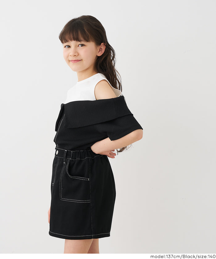 Girls' Faux Two-Piece Ribbed Patchwork Cold Shoulder Short Sleeve Top