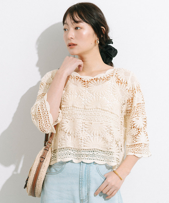 日系鉤針棉質五分袖上衣