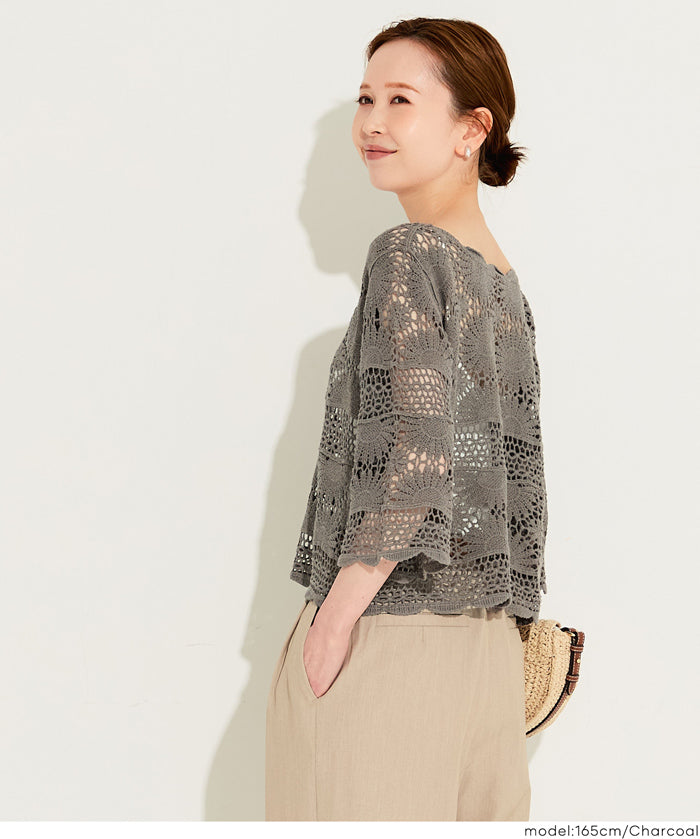 日系鉤針棉質五分袖上衣