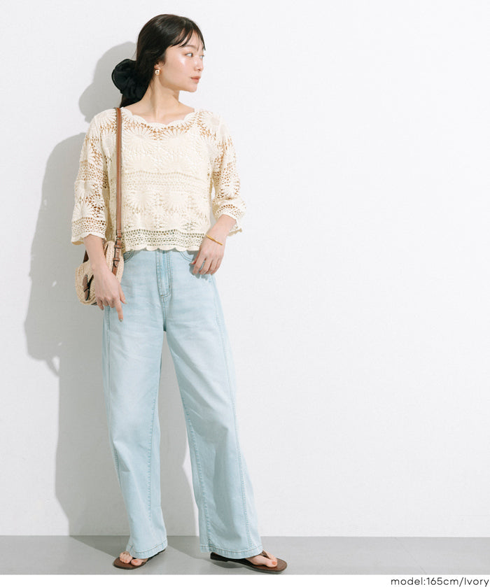 日系鉤針棉質五分袖上衣