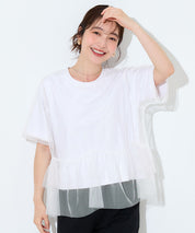 日系甜美薄纱罩衫設計短袖上衣 (Silky Touch Tulle Docking Top)