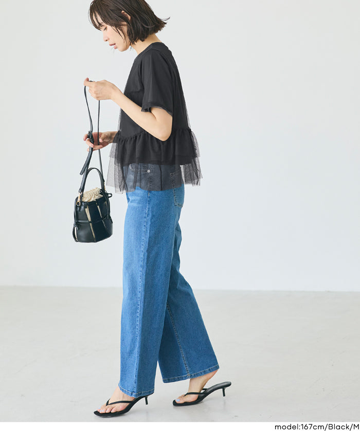 日系甜美薄纱罩衫設計短袖上衣 (Silky Touch Tulle Docking Top)