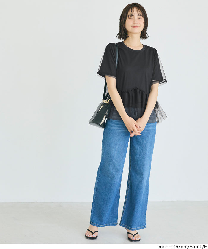 日系甜美薄纱罩衫設計短袖上衣 (Silky Touch Tulle Docking Top)