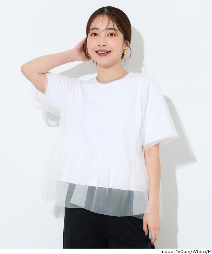 日系甜美薄纱罩衫設計短袖上衣 (Silky Touch Tulle Docking Top)