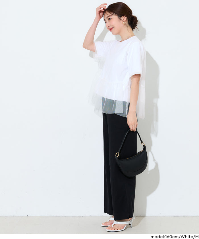 日系甜美薄纱罩衫設計短袖上衣 (Silky Touch Tulle Docking Top)