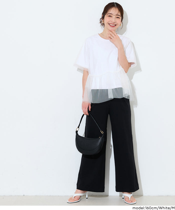 日系甜美薄纱罩衫設計短袖上衣 (Silky Touch Tulle Docking Top)