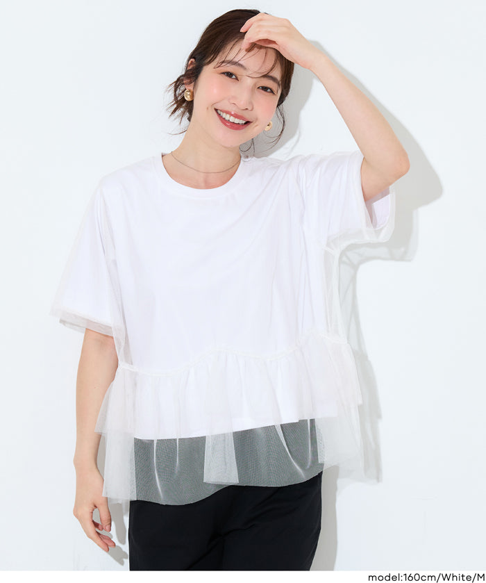 日系甜美薄纱罩衫設計短袖上衣 (Silky Touch Tulle Docking Top)