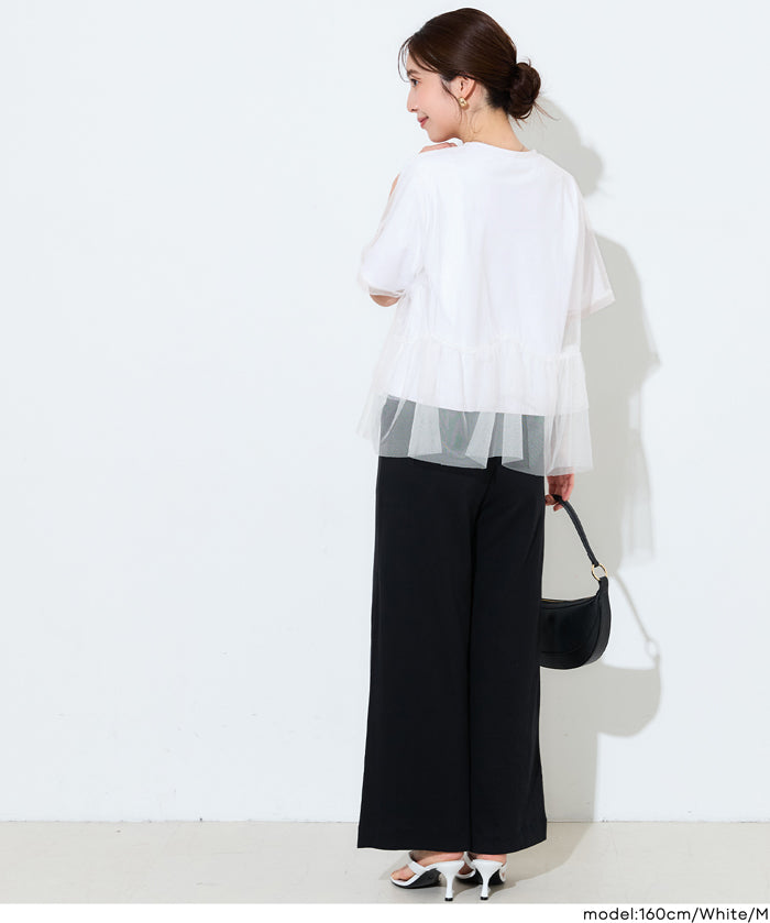 日系甜美薄纱罩衫設計短袖上衣 (Silky Touch Tulle Docking Top)